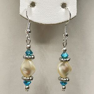 Artisan Made With Swarovski Crystal Pearl Teal Blue Beaded Dangle Earrings